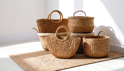 Woven straw bags and baskets on light rug