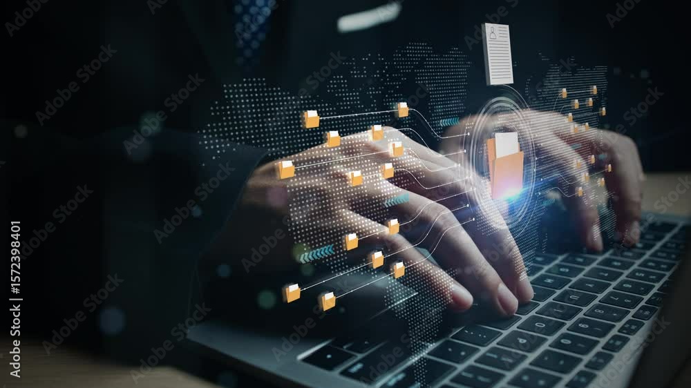 Poster businessman typing on laptop with digital data folders and cloud network storage concept for big dat