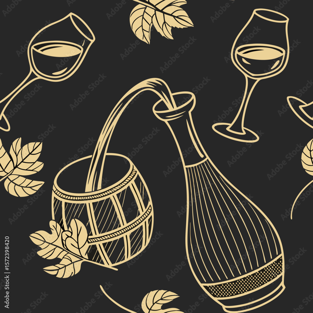 Poster seamless vector pattern of wine bottles and glasses with leaves