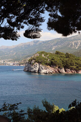  Scenic view of the Adriatic coast with forested cliff and turquoise water.  montenegro