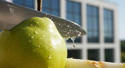 A close-up captures a knife slicing into a ripe, juicy pear, showcasing the freshness and delicate texture of the fruit against a backdrop of a modern building.