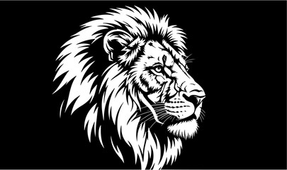 A white lion head portrait with a majestic mane, set against a stark black background.