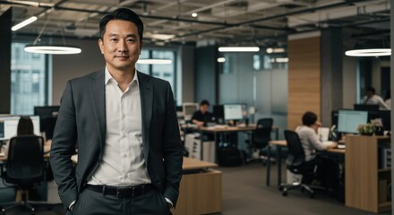 Confident asian businessman in a suit stands in a modern busy office with colleagues working in the background