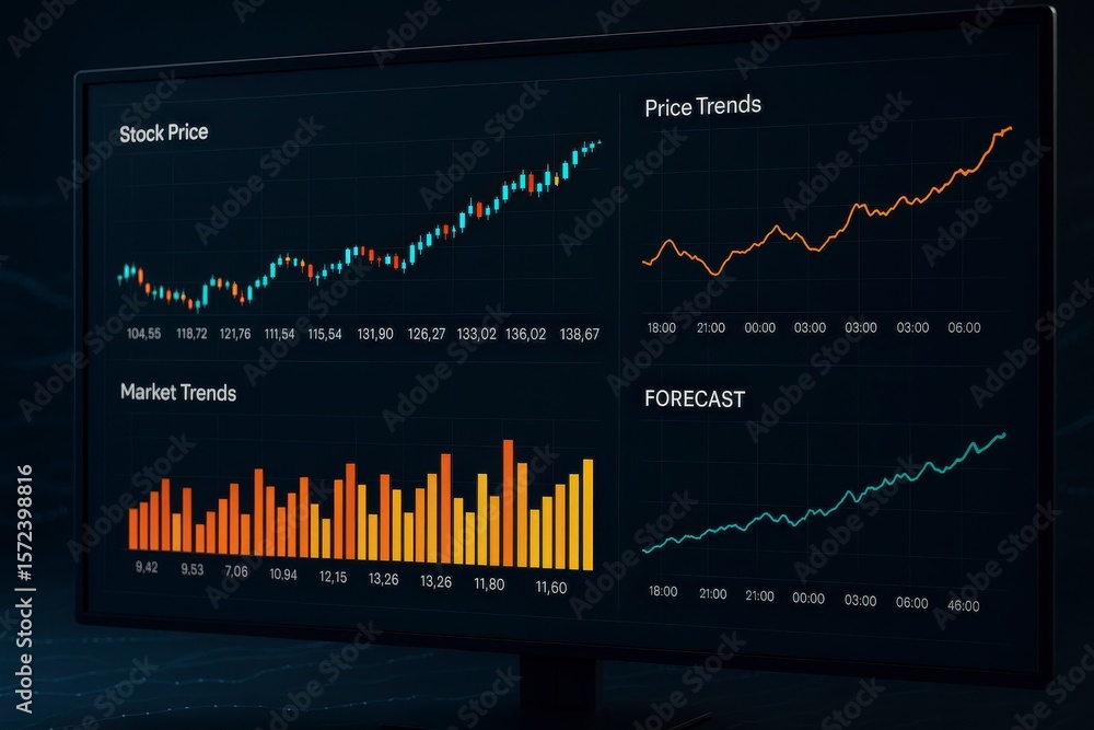 Poster displaying stock price and market trends on a computer monitor screen