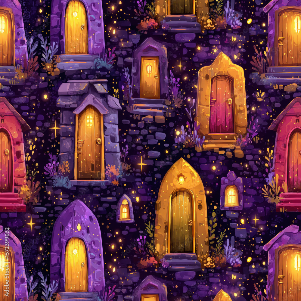 Poster enchanting seamless pattern of mysterious magic doorways with detailed colorful mystical elements