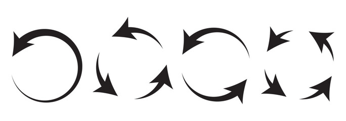 Set of circle arrows rotating on white background. Refresh, reload, recycle, loop rotation sign collection. Black circle arrows for infographics, web design. Vector illustration, flat style, clip art.