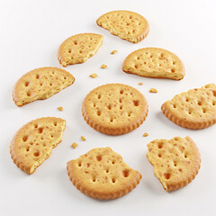 Round crispy crackers, whole and broken, creating an appetizing image