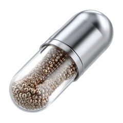 Transparent capsule filled with metallic spheres showcasing modern design and technology in healthcare and pharmaceuticals