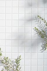 Minimal white-tile bathroom wall with soft fern leaves and natural shadows. Clean and calm backdrop...