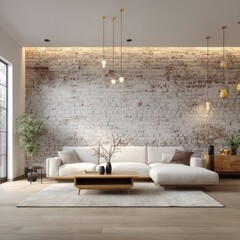 Modern living room with brick wall