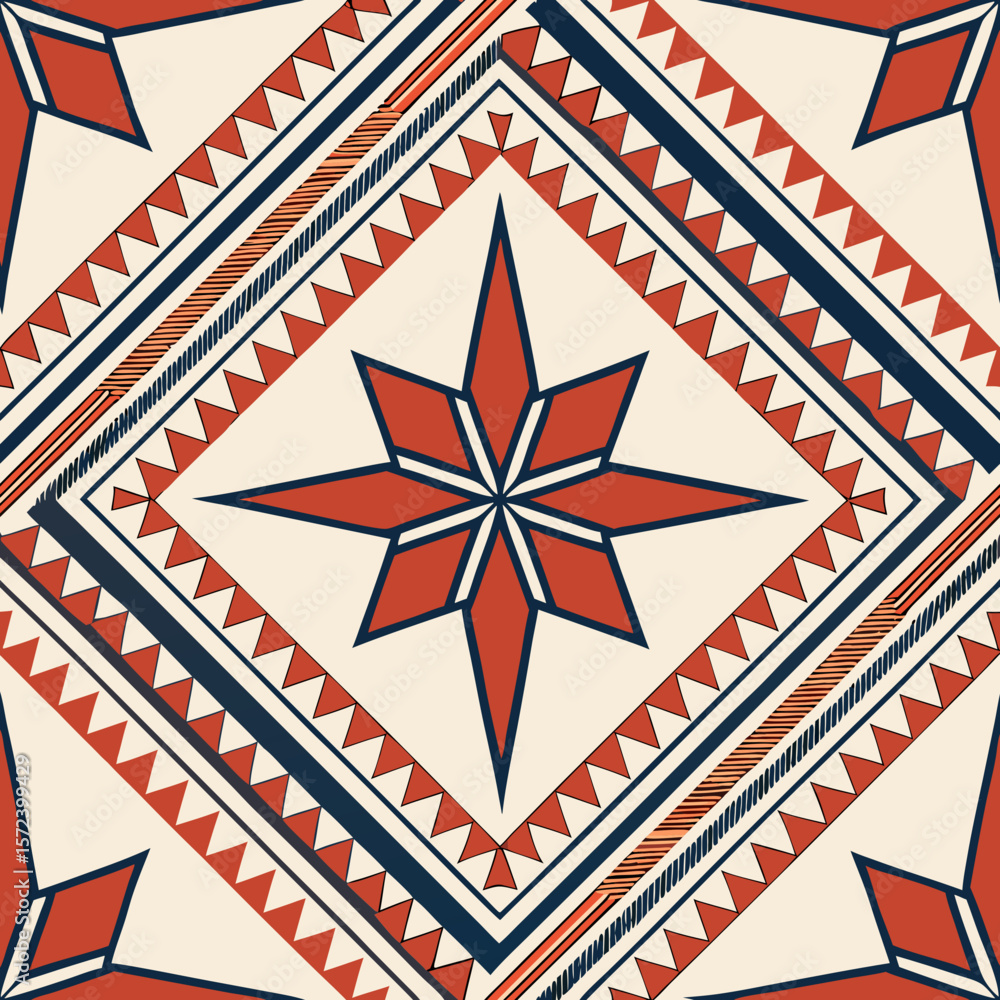 Poster geometric seamless vector pattern with star shapes in red and blue