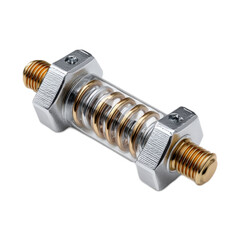 Transparent fuel filter with metal fittings and coiled spring for automotive use showcasing industrial design and engineering