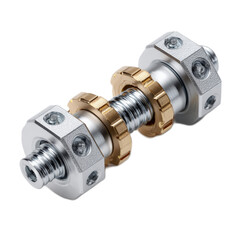 Close-Up View of Industrial Metal Connector with Golden Accents and Silver Finish in Detailed Composition