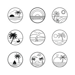 Summer beach fun objects and travel gear in clean line art Vector illustration