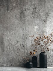 Gray concrete wall with dark vases and dried plants