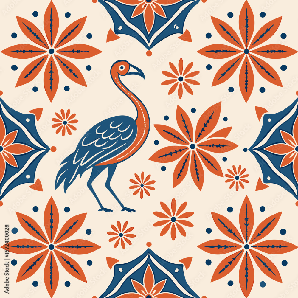 Poster ornate seamless vector pattern with colorful flowers and bird design