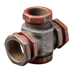 Detailed view of a rusty metal pipe fitting with threaded connections for industrial plumbing applications and projects