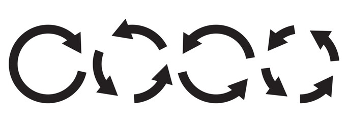 Set of circle arrows rotating on white background. Refresh, reload, recycle, loop rotation sign collection. Black circle arrows for infographics, web design. Vector illustration, flat style, clip art.