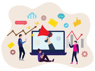 digital marketing hand holding megaphone coming out from laptop business analysis content strategy management advertising social media campaign communication seo design