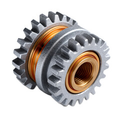 Close-up of a metallic gear component with intricate design showcasing detailed craftsmanship and engineering precision.