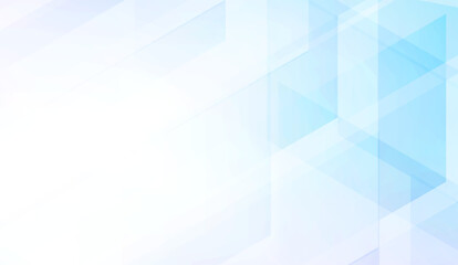 A backdrop of softly illuminated cyan and white tones features a layered display of translucent geometric forms, creating a modern, crystalline, and airy presentation