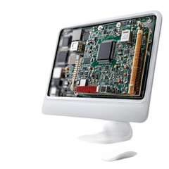 High-Tech Computer Monitor Displaying Circuit Board and Internal Components for Technology and Engineering Concepts