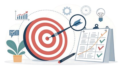 An arrow hits the bullseye of a target, representing business success, strategic planning, and achievement with charts and checklists