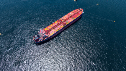 Aerial view crude oil tanker ship and tugboat, Global business import export freight shipping crude oil logistic transport international, Crude oil tanker ship industrial sea freight logistic maritime