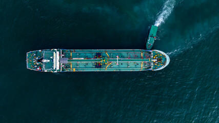 Aerial view crude oil tanker ship and tugboat, Global business import export freight shipping crude oil logistic transport international, Crude oil tanker ship industrial sea freight logistic maritime