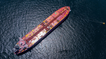 Aerial view crude oil tanker ship and tugboat, Global business import export freight shipping crude oil logistic transport international, Crude oil tanker ship industrial sea freight logistic maritime