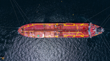 Aerial view crude oil tanker ship and tugboat, Global business import export freight shipping crude oil logistic transport international, Crude oil tanker ship industrial sea freight logistic maritime