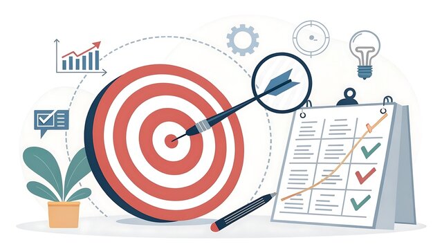 An arrow hits the bullseye of a target, representing business success, strategic planning, and achievement with charts and checklists - Powered by Adobe