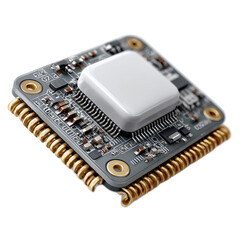 Close-Up Image of a High-Tech Electronic Microchip with Fine Circuitry and Gold Plated Pins for Technology and Innovation