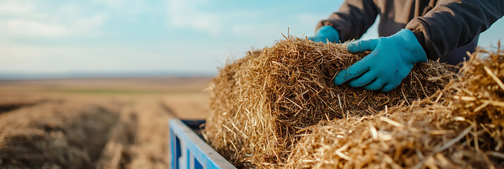 Farmer loading hay bales. Blue gloves protect hands while handling the rough bales on a sunny day in the countryside. Agriculture and harvest.