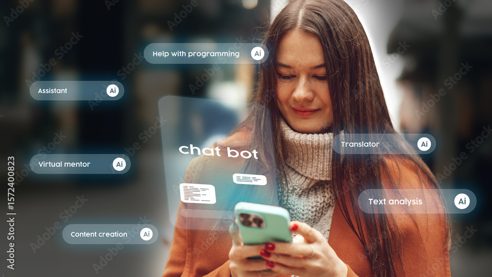 Poster young woman using smartphone to interact with ai chatbot for virtual assistance in programming, tran