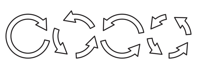Set of circle arrows rotating on white background. Refresh, reload, recycle, loop rotation sign collection. Black circle arrows for infographics, web design. Vector illustration, flat style, clip art.