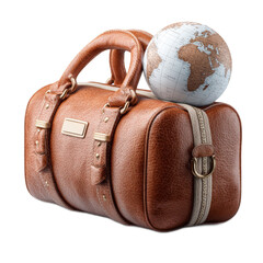 Stylish brown leather travel bag with globe resting on top, symbolizing adventure and exploration in a modern travel concept