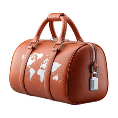 Stylish brown leather travel bag with world map design ideal for adventurers and travelers seeking a chic accessory