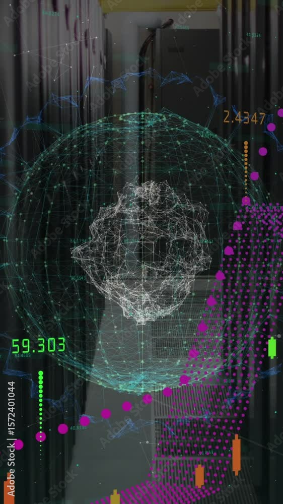 Poster animation of graphs with numbers over connected dots forming globes against server room