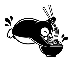 penguin eating ramen bowl monochrome vector illustration
