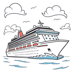 Obraz premium White cruise ship with red and blue accents sailing on blue water with clouds and birds
