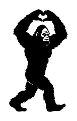 bigfoot sasquatch making heart shape hands monochrome vector illustration