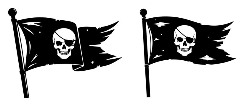 tattered pirate jolly roger flag with skull and eyepatch vector set
