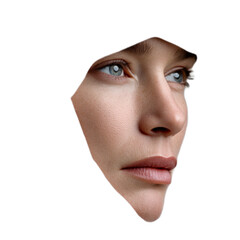 Portrait of a young woman with striking blue eyes and flawless skin emerging from a textured background, showcasing beauty and elegance