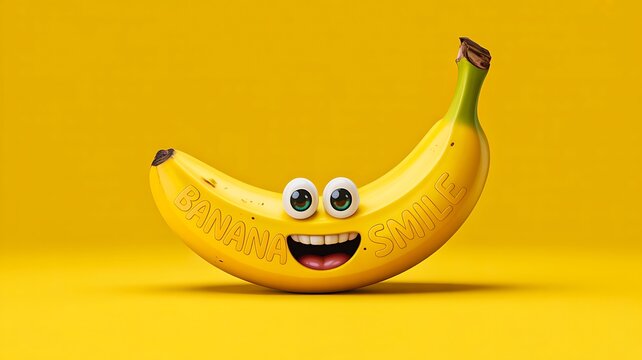 Funny cartoon banana with eyes and smile on bright yellow background
