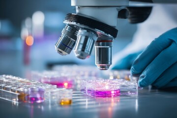 Microscope laboratory study with scientist handling sample. Close-up of petri dish under microscope lens in lab. Blue gloves provide sterile workspace for research.