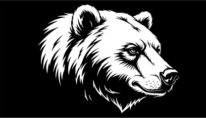 Illustration of a bear's head in profile, rendered in black and white with detailed fur texture and a focused expression.
