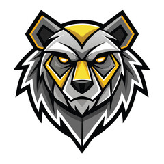 Fierce gray bear face with glowing yellow eyes intensely stares forward on a white backdrop