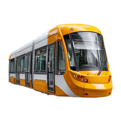 Modern Yellow Tram Stationed in Urban Environment Captured on a Bright Day with Clear Windows and Sleek Design