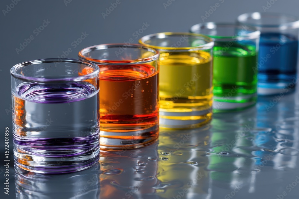 Poster colorful liquids in glasses arranged neatly on a reflective surface in a studio setting
